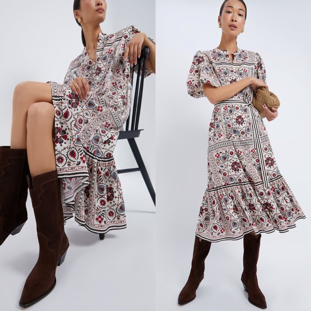 Tuckernuck NEW Patchwork Floral Lewis Belted Classic Midi Dress Size S - Picture 3 of 12